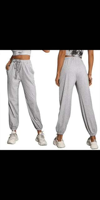 Casual style long pants for women and men, gray in color, with adjustable waist tie and loose, comfortable fit shown in the image.