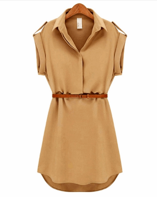 Casual summer style dress: Chic beige chiffon mini dress with v-neck, short sleeves, and a belted waist for a relaxed, feminine look.