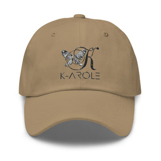 Stylish tan dad hat with K-AROLE logo embroidered on the front, featuring a trendy design that elevates casual fashion.