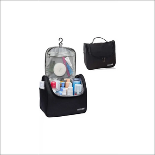 Portable Makeup Travel Organizer Bag - Black and gray fabric hanging toiletry bag with compartments and hooks for organizing and carrying personal care items on the go.