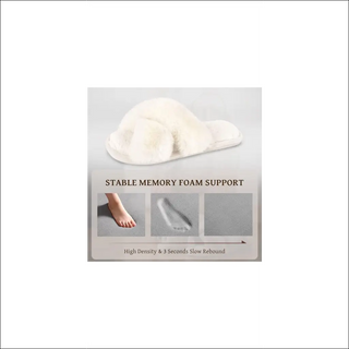 Plush white furry slippers with memory foam support for comfortable, stable wear at home.