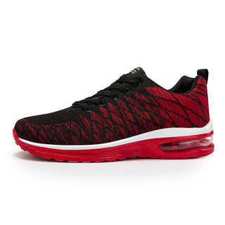 Stylish red and black men's sneakers with air cushion technology, featuring a breathable mesh upper and a modern, sporty design for a comfortable and trendy running experience.