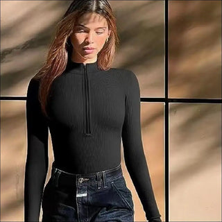 Elegant Long Sleeve V - Neck Bodysuit - K - AROLE