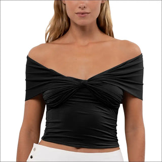 Elegant Off-Shoulder Ruched Knit Crop Top