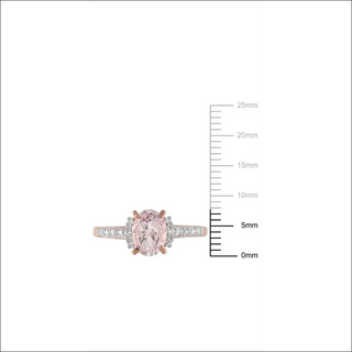 Elegant morganite and diamond accent rose gold ring showcasing a captivating oval-cut morganite center stone in a halo setting surrounded by shimmering round-cut diamonds.