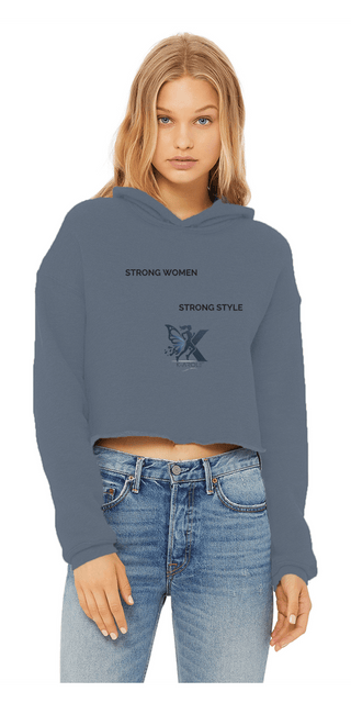 Stylish cropped hoodie with "Strong Women, Strong Style" graphic design on a blonde model against a plain background.