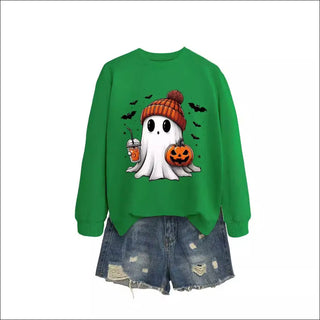 Fashion Long Sleeve Milk Tea Pumpkin Bat Printed Crew Neck