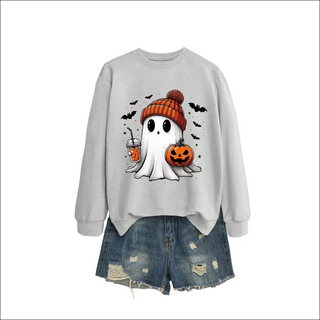 Fashion Long Sleeve Milk Tea Pumpkin Bat Printed Crew Neck