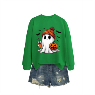 Fashion Long Sleeve Milk Tea Pumpkin Bat Printed Crew Neck