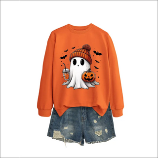 Fashion Long Sleeve Milk Tea Pumpkin Bat Printed Crew Neck