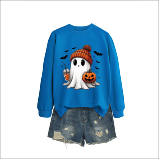 Fashion Long Sleeve Milk Tea Pumpkin Bat Printed Crew Neck