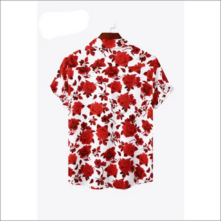 Vibrant floral print button-up shirt showcasing a bold, eye-catching pattern of red and white flowers on a white background.