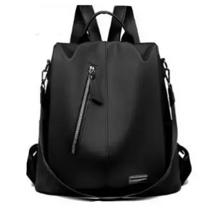 Stylish black backpack with multiple zippers and straps, suitable for daily use or travel.