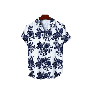 Elegant Floral Shirt: Short-sleeved women's button-up shirt with a bold floral print in navy on a white background, featuring a collar and modern styling.