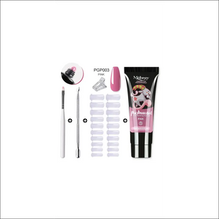 Sleek acrylic nail tool set with gel polish, brush, and forms in trendy pink tones for a polished manicure at home.