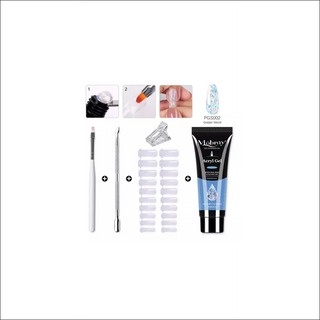 Variety of professional nail art tools and supplies, including gel tips, brush, and acrylic gel kit from K-AROLE. Comprehensive set for creating stylish and durable manicures.