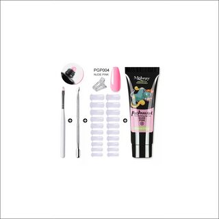 Trendy acrylic gel manicure kit featuring colored nail tips, nail forms, and brushes for a professional-looking nail art experience from K-AROLE.