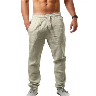 Breathable cotton and linen loose casual sports trousers on display