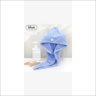 Plush blue microfiber hair towel wrap, absorbent and quick-drying, with a snap closure and shower accessories