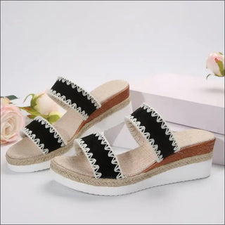 New Hemp Rope Woven Wedge Slippers Summer Ethnic Style Sandals Double Wide Strappy Shoes For Women - K - AROLE