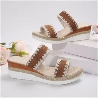 New Hemp Rope Woven Wedge Slippers Summer Ethnic Style Sandals Double Wide Strappy Shoes For Women - K - AROLE