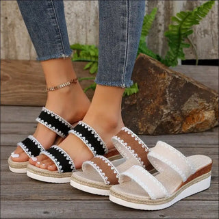 New Hemp Rope Woven Wedge Slippers Summer Ethnic Style Sandals Double Wide Strappy Shoes For Women - K - AROLE