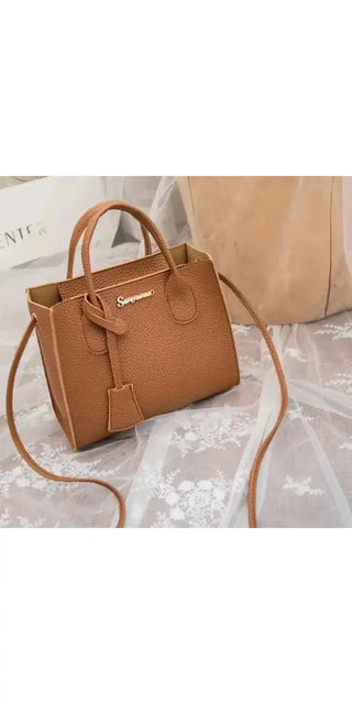 Stylish brown leather handbag with strap, featuring a structured silhouette and elegant hardware accents, presented on a minimalist white background.