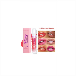 Glossy lip plumping booster in pink packaging with swatches of smooth, lush lips in the background.