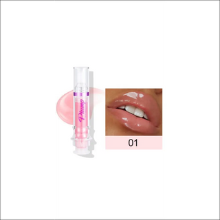 Glossy pink lip gloss in glass tube with color swatch on lips