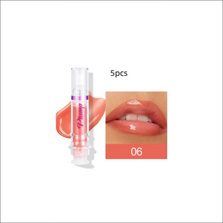 Glossy peach-toned liquid lipstick in a clear tube displayed alongside a close-up image of a model's lips wearing the same shade.