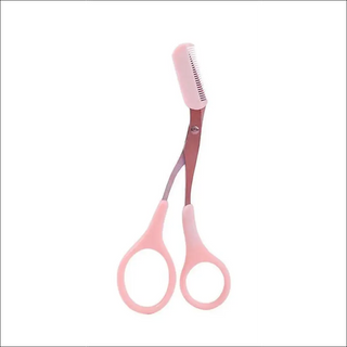 Sleek pink eyebrow trimming scissors with sharp blades and a grooming comb for precision shaping and grooming. Handy beauty tool for women to maintain well-groomed eyebrows.