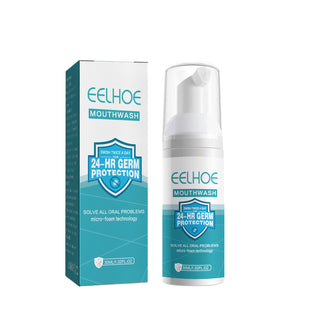 Innovative mouthwash with 24-hr germ protection. Eelhoe branded antiseptic dental care product in teal packaging with pump dispenser.