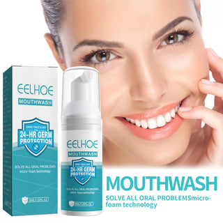 Fresh and healthy-looking teeth of beautiful woman in K-AROLE mouthwash image. Effective oral care product with 24-hr germ protection.