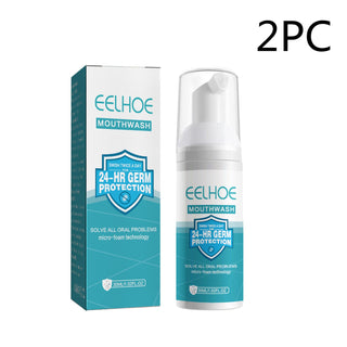 Eelhoe mouthwash products with 24-hr germ protection, featuring anti-cavity and fresh breath benefits, as shown in the image.