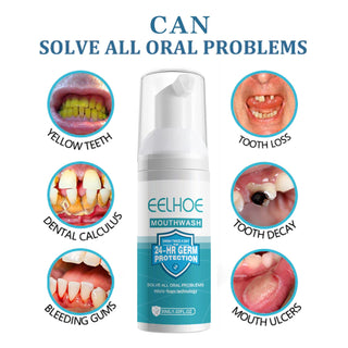 Oral care mouthwash bottle with images showcasing its ability to tackle various dental issues such as yellow teeth, tooth loss, dental calculus, tooth decay, bleeding gums, and mouth ulcers. Professional oral health solution from Eelhoe brand.