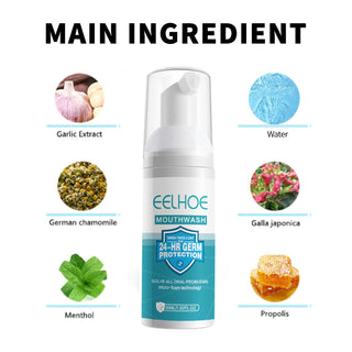 Effective oral hygiene: Main ingredient mouthwash with garlic extract, German chamomile, menthol, and propolis for fresh breath and cavity protection.