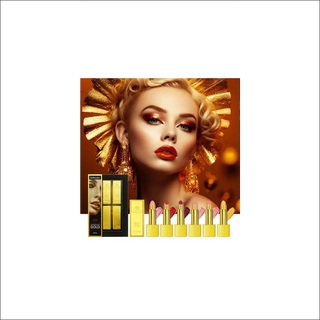 Glamorous makeup palette with golden accents, featuring a beautiful woman with bold red lips and curled blonde hair against an orange background.