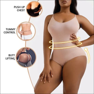 Seamless slimming shapewear for women with waist trainer and butt lifter for tummy control and push-up chest enhancement.