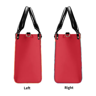 Stylish red leather handbags with black patent leather trim and handles at K-AROLE store.