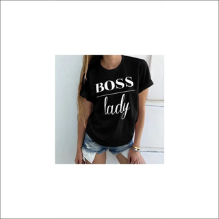 Stylish women's black t-shirt with bold 'BOSS lady' text, paired with casual denim shorts, showcasing a trendy and confident fashion look.