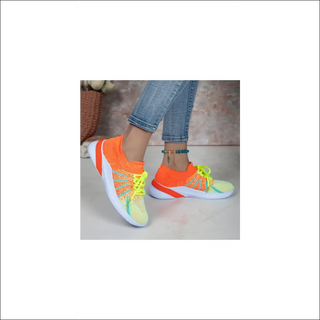 Colorful lace-up sports shoes with breathable mesh design, suitable for running, walking, or casual wear.