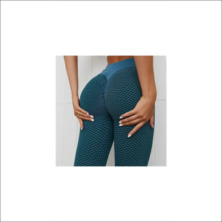 Textured teal workout leggings with seamless high-waist design for women's fitness and yoga.