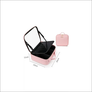 Stylish pink travel makeup bag with mirror and ample storage space for cosmetics and personal care items.