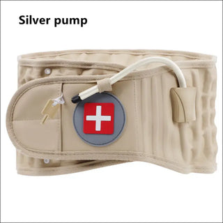 Silver pump - Adjustable black back support belt with medical cross symbol, designed for lower back pain relief and lumbar disc herniation traction.