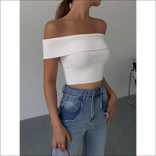 Stylish Off-Shoulder White Ribbed Knit Crop Top - L