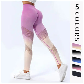 Stylish ombre performance leggings with trendy color blocking and mesh detailing for a sporty, comfortable look.