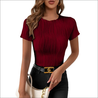 Stylish burgundy pleated short sleeve top with slim fit design for modern women's fashion.