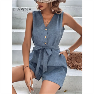 Tie-Waist Buttoned V-Neck Sleeveless Romper