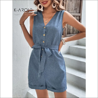 Tie-Waist Buttoned V-Neck Sleeveless Romper