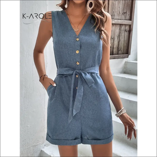 Tie-Waist Buttoned V-Neck Sleeveless Romper